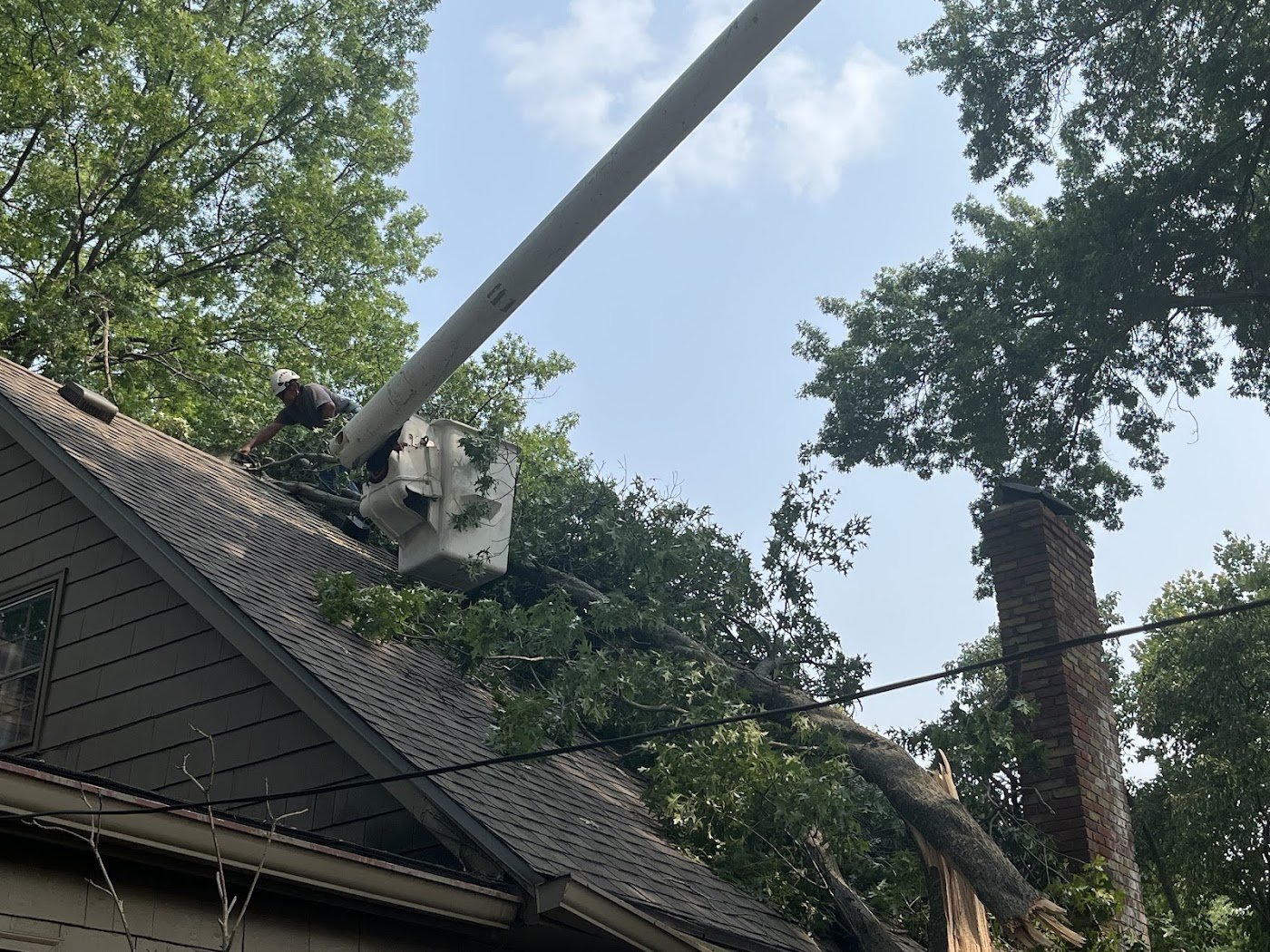 A crew member in the bucket working a fallen tree off a home.